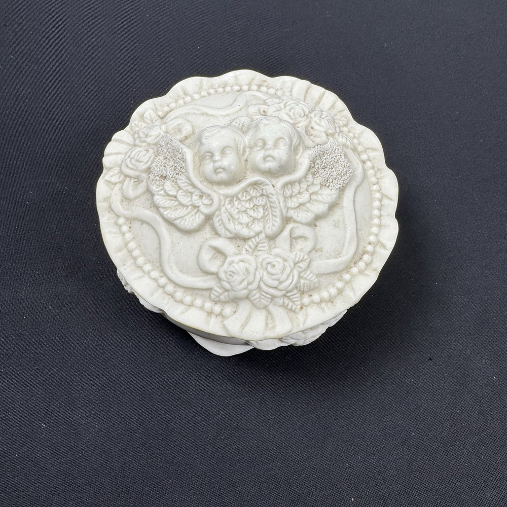 Vintage Trinket Dish White Bisque Cherubs Jewelry with Ruffled Lid Angels Roses